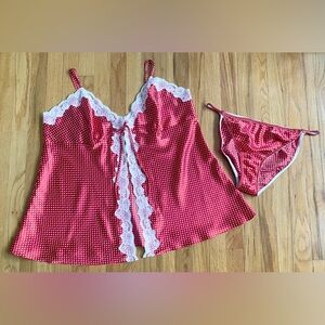 Vintage 90s Heart Babydoll Nightie Set *2X* Red White Satin Hearts Lingerie